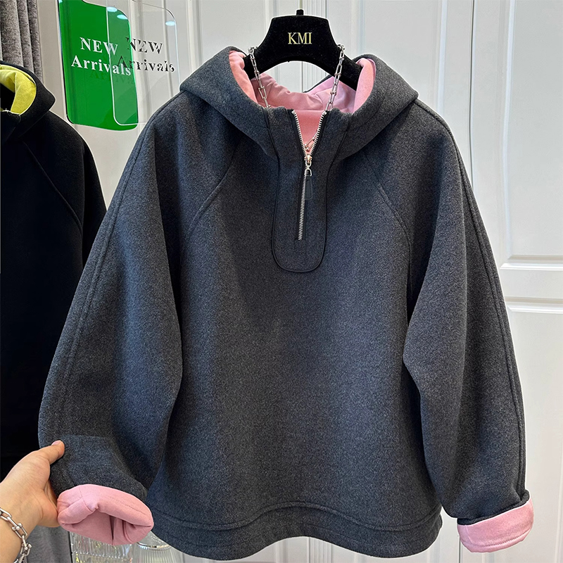 特大码300斤撞色连帽毛呢卫衣男