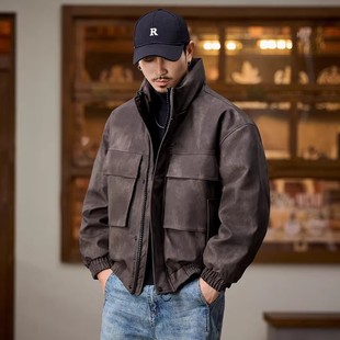 大码90鸭绒工装皮衣羽绒服男款立领冬季加厚保暖美式宽松防风外套