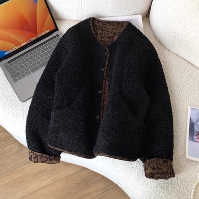 大码羊羔毛豹纹鹿皮绒冬外套男