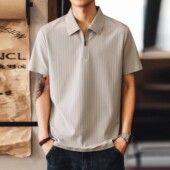 宽松冰丝半袖 大码 T恤男夏季 短袖 上衣潮 高端潮牌竖条半拉链Polo衫