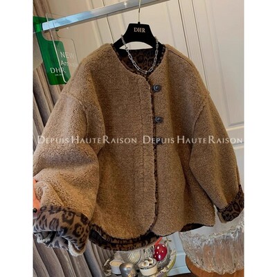 大码300斤美式豹纹羊羔绒外套男