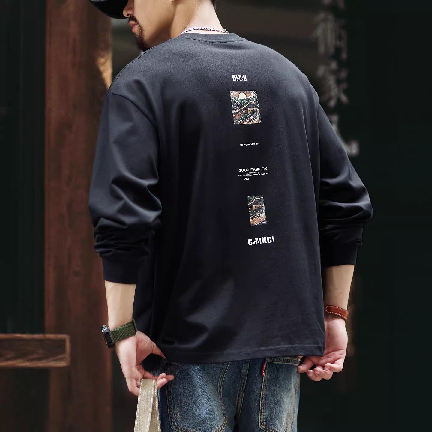 大码美式重磅纯棉长袖t恤男春秋新款宽松打底衫男士春秋内搭衣服,男装,T恤,淘宝优惠券,粉丝福利购,淘宝优惠卷