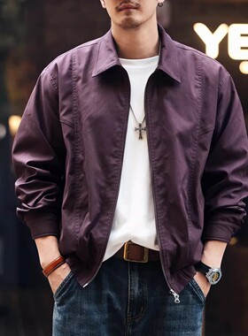 大码美式复古潮牌哈灵顿飞行员男士夹克春秋新款紫色教练外套潮男