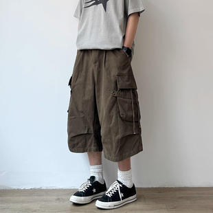 大码日系复古七分工装短裤男女夏季宽松阔腿百搭纯棉休闲裤子马裤