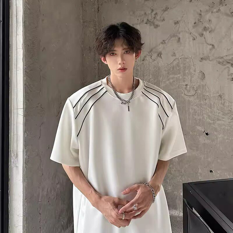 大码300斤垫肩短袖t恤男款夏季潮流潮牌重磅硬挺设计感小领口半袖