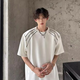 大码300斤垫肩短袖t恤男款夏季潮流潮牌重磅硬挺设计感小领口半袖