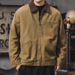 大码冬季保暖羊羔绒外套男复古潮牌加厚棉服复古硬汉翻领工装夹克