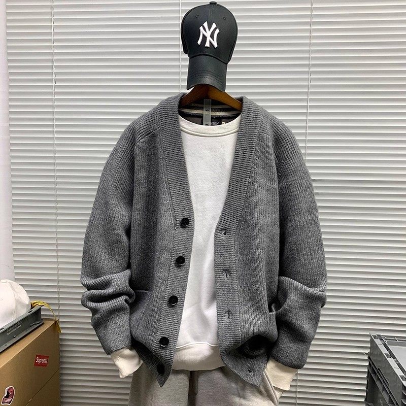 大码老钱风V领开衫针织外套男士秋冬百搭纯色潮流宽松慵懒风毛衣