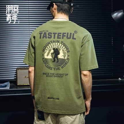 特大码 300斤潮牌chicano绿色布鲁克林帮派街区宽松纯棉短袖t恤男