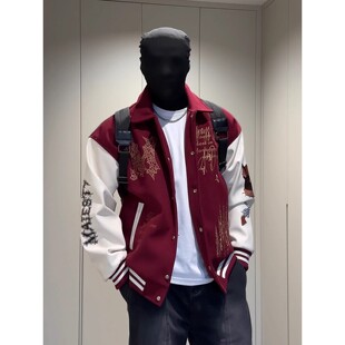 大码红色美式高街刺绣棒球服男秋季短款外套高级感痞帅飞行夹克潮