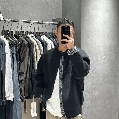 大码假两件格子拼接针织衫外套男