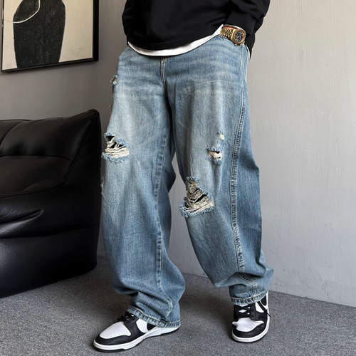 特大码美式重磅复古破洞牛仔裤男