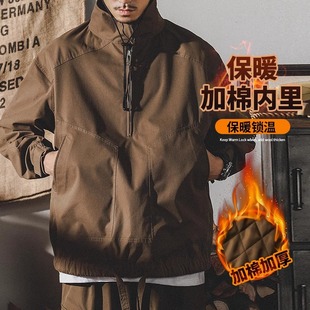 300斤大码美式复古冲锋衣外套男士秋冬宽松潮牌加绒教练夹克棉服2
