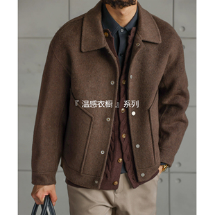 大码美式手工羊绒秋冬加厚双面呢羊绒夹克男短款毛呢大衣保暖外套