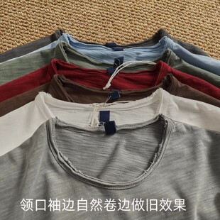 大码硬汉风卷边复古水洗做旧竹节棉短袖T恤衫男夏季新款纯色简约T