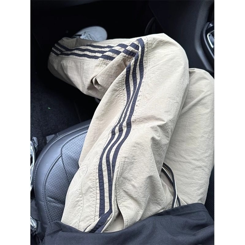 特大码三条杠条纹裤子男夏季薄款速干降落伞兵冲锋裤直筒休闲长裤