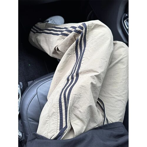 大码三条杠条纹裤子男夏薄款速干