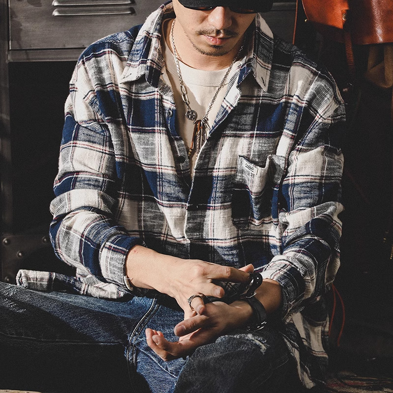 大码美式重磅复古格子衬衫男长袖