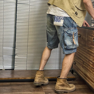 大码夏季工装复古阿美咔叽牛仔五分裤男骑行机车短裤大口袋男款潮