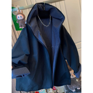 宽松风衣上衣 英伦两面穿格子连帽外套男女秋冬新款 大码 300斤韩版