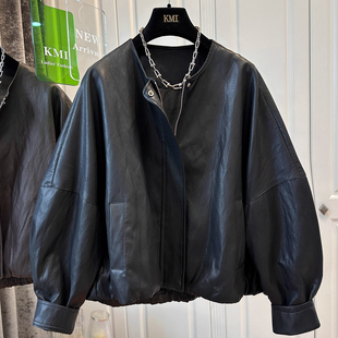 慵懒百搭夹克上衣 花苞PU皮衣男女外套落肩袖 大码 春秋圆领宽松长袖