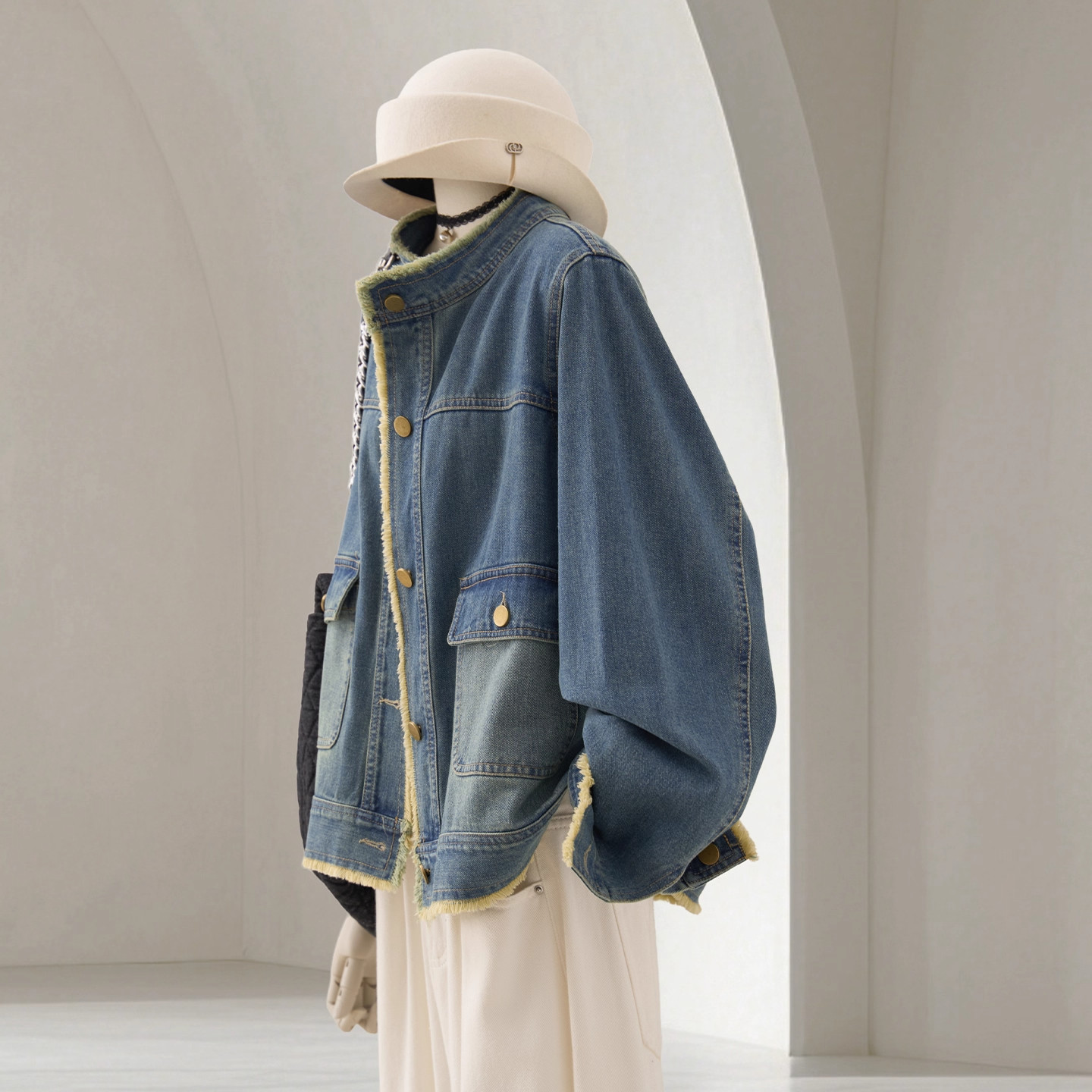 特大码300斤毛边设计感牛仔短外套男女秋季韩系复古宽松立领上衣2,男装,夹克,淘宝优惠券,粉丝福利购,淘宝优惠卷