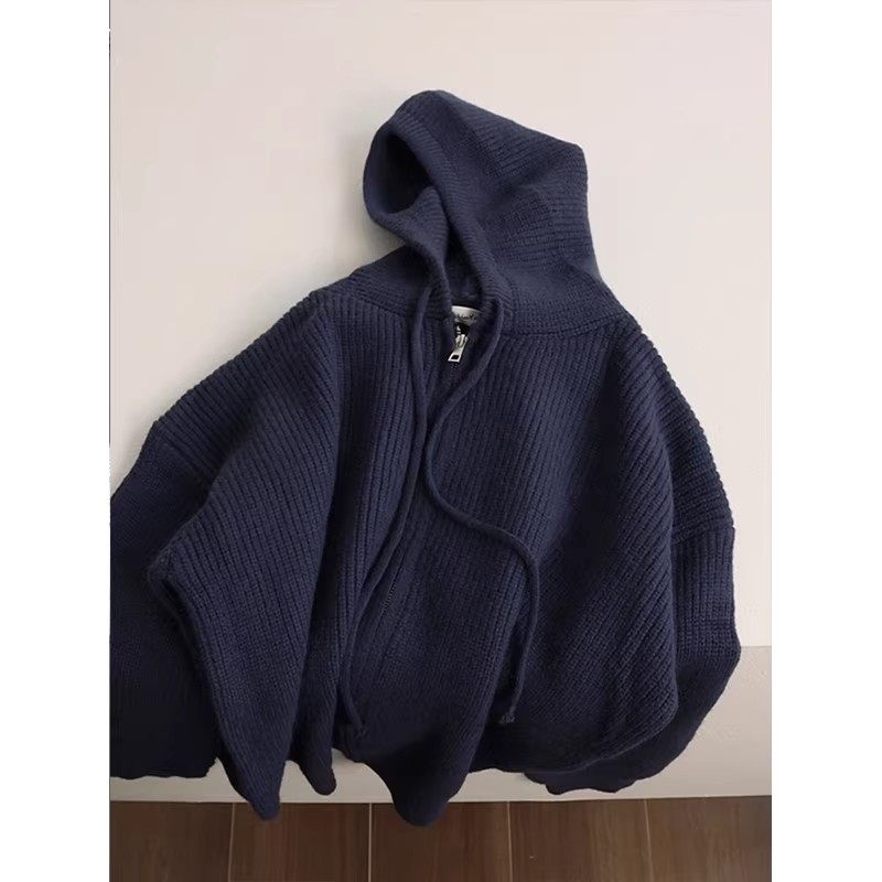 大码300斤深蓝色拉链连帽毛衣男女春秋高级感设计感针织开衫外套
