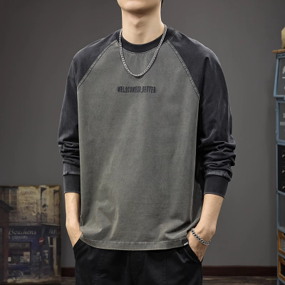 大码美式复古插肩撞色长袖t恤男