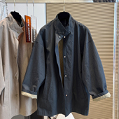 特大码 300斤慵懒风立领单排扣宽松格子风衣男女早秋叠穿百搭外套