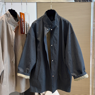 特大码 300斤慵懒风立领单排扣宽松格子风衣男女早秋叠穿百搭外套