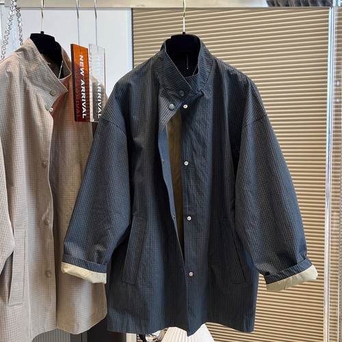 大码慵懒风单排扣宽松格子风衣男