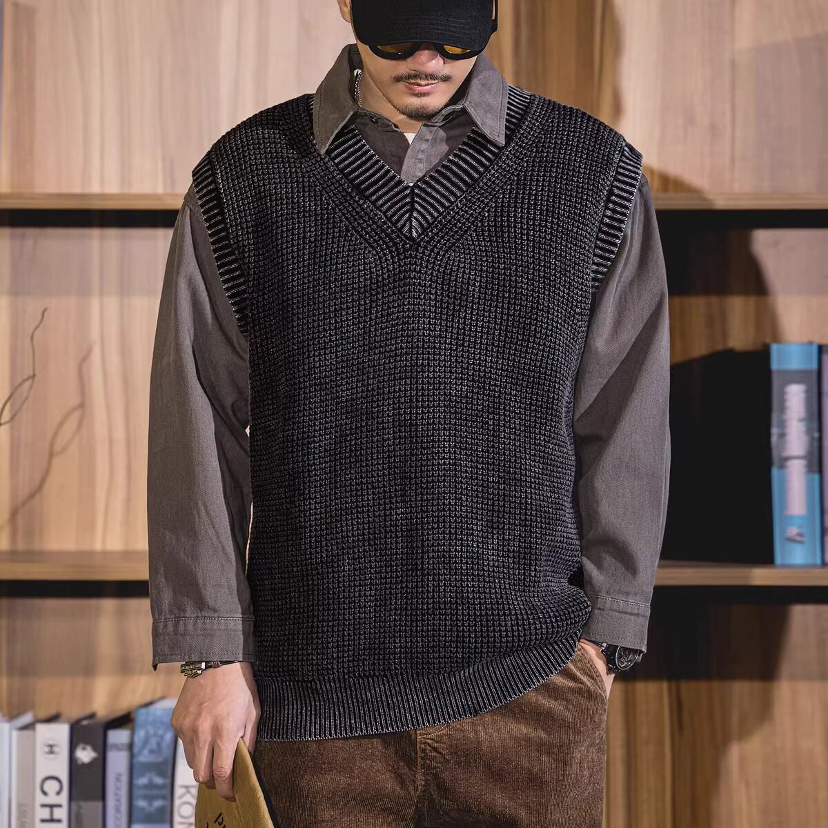 大码美式复古重磅毛衣马甲男