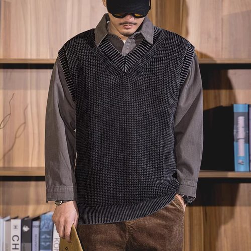 大码美式复古重磅毛衣马甲男