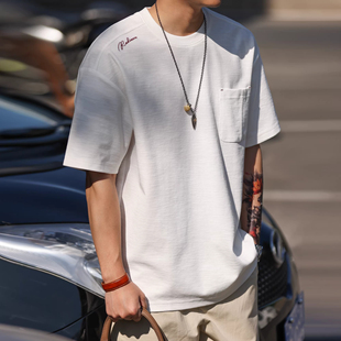 大码美式休闲竹节纱刺绣字母短袖T恤男夏季马鞍肩口袋设计打底衫