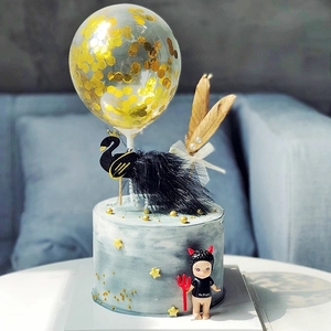 唯美黑天鹅白天鹅黑牛金色气球创意少女过生日蛋糕装饰插牌摆件