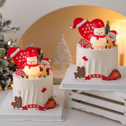 2026圣诞节发光雪人蛋糕装饰摆件圣诞帽老人节日快乐祝福语插牌