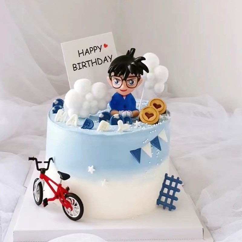 创意生日蛋糕装饰儿童动漫名侦探柯南插牌自行车模型烘焙甜品摆件