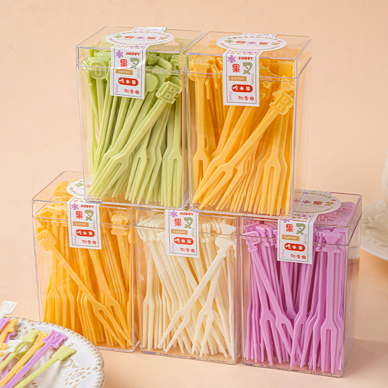 盒装一次性水果叉塑料两齿
