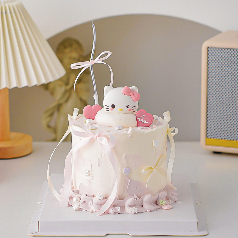 七夕情人节粉色小猫蛋糕装饰摆件蝴蝶结丝带爱心love饼干烘焙插件