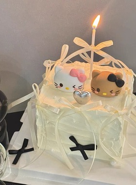 情人节小猫蛋糕装饰品摆件网红蝴蝶结猫咪2.14情侣节日甜品插件