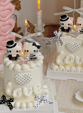 抱抱酱网红同款2.14情人节可爱树脂黑白情侣小猫蛋糕装饰摆件配件