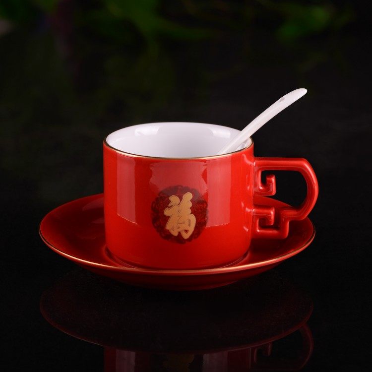 中国红福字陶瓷杯yhy东方咖啡杯套装红瓷杯情侣杯企业福利礼品
