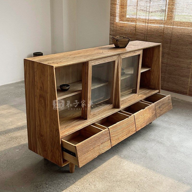 侘寂风老榆木餐边柜实木客厅靠墙茶水柜民宿多功能玻璃储物收纳柜,住宅家具,餐边柜,淘宝优惠券,粉丝福利购,淘宝优惠卷