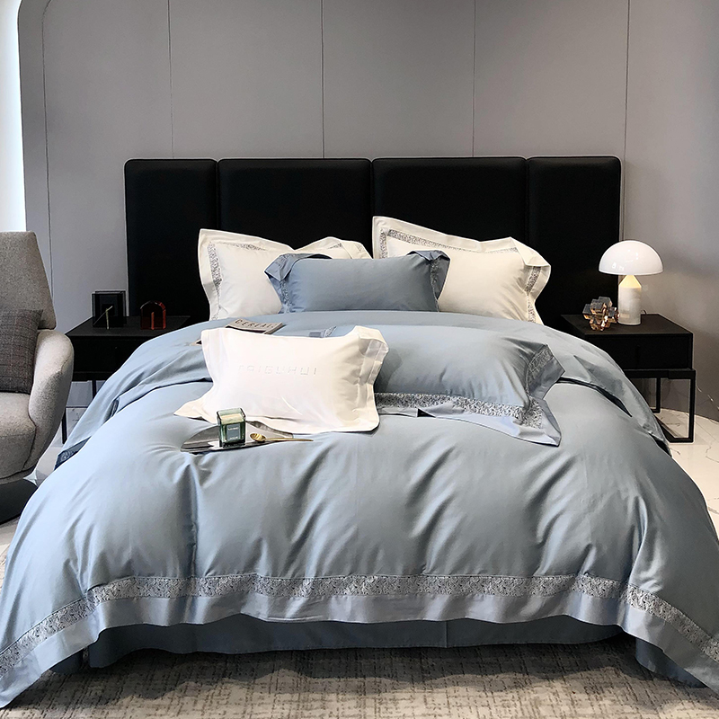 100支埃及棉法式镂空四件套纯棉床单床笠被套纯色全棉床上用品2米