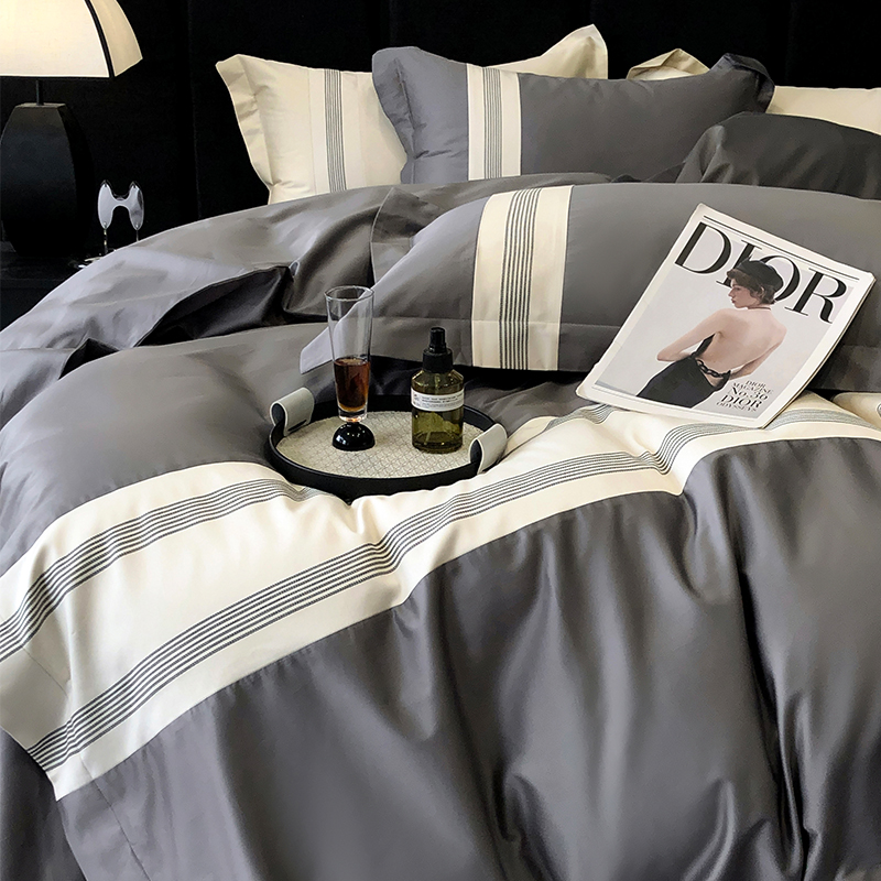 新款100支全棉贡缎四件套条纹四季长绒棉床单床笠被套双人1.8/2床