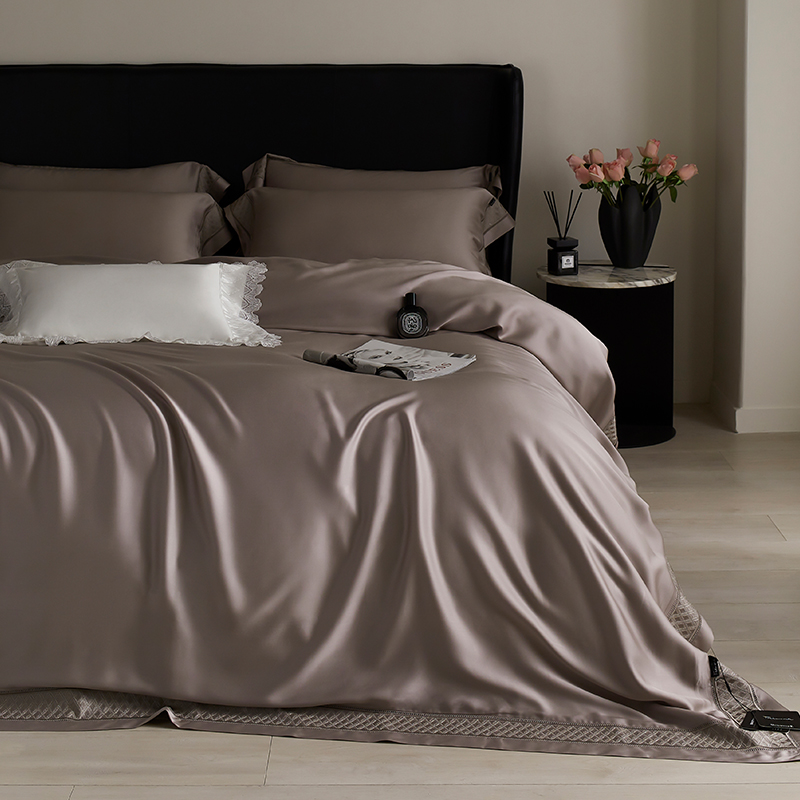 80S天丝蕾丝镂空四件套真丝般丝滑床单纯色被套春夏季1.8床上用品