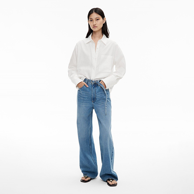 澳洲轻奢W1TCH 女款 蓝色洗水高腰阔腿直筒牛仔裤 D356