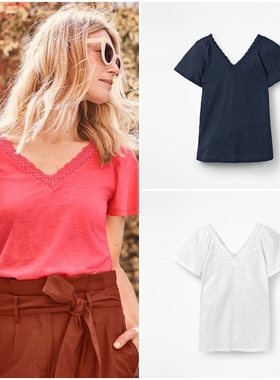 英伦BD 女款  莫代尔混纺蕾丝拼接V领短袖TEE 2351
