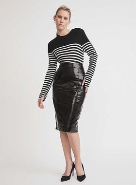 澳洲轻奢W1TCH 女款 羊毛混纺圆领条纹垫肩针织衫 D369