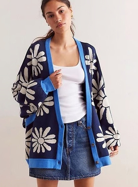 美系安@NTHR0 女款 V领落肩提花宽松针织开衫 E564